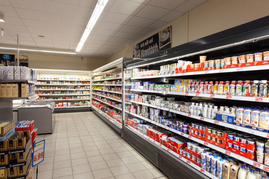 Verschiedene Molkereiprodukte (Käse, Quark, Milch) auf einem Holzbrett